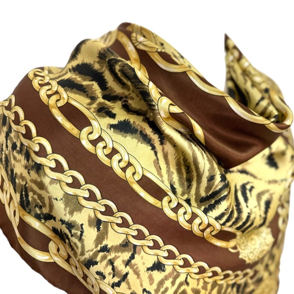 Vintage Bill Blass Silk Scarf – Brown Gold Chain & Animal Print - Picture 3 of 7